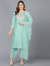Women Turquoise Blue Poly Silk Solid Yoke Design Kurta Trousers With Dupatta