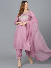 Women Lavender Poly Silk Solid Yoke Design Kurta Trousers With Dupatta