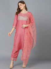 Women Peach Poly Silk Solid Yoke Design Kurta Trousers With Dupatta