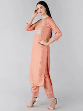 Women Peach Solid Embroidered Kurti Trousers With Dupatta