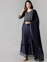 Women Navy Blue Solid Embroidered Kurta Sharara With Dupatta