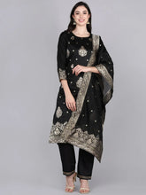 Women Black Solid Woven Design Kurta Trousers With Dupatta