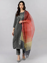 Women Grey Solid Embroidered Kurta Trousers With Dupatta 1