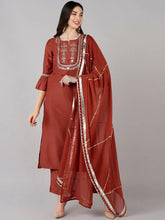 Women Rust Polyester Yoke Design Kurta Trousers With Dupatta 1