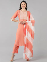 Women Peach Solid Kurti Trousers With Dupatta