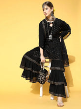 Women Black Woven Design Kurta Sharara With Dupatta