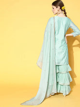 Women Blue Woven Design Kurta Sharara With Dupatta