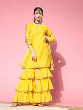 Women Yellow Woven Design Kurta Sharara With Dupatta