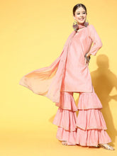 Women Pink Woven Design Kurta Sharara With Dupatta