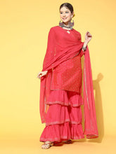 Women Coral Woven Design Kurta Sharara With Dupatta