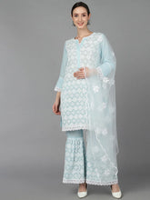 Women Blue Poly Silk Embroidered Straight Kurta Sharara Set With Dupatta-PKSKD1402A