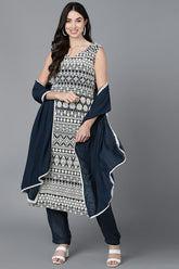 Women Teal Poly Georgette Embroidered Kurta Trouser With Dupatta