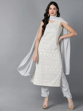 Women Grey Poly Georgette Embroidered Straight Kurta Pant Set With Dupatta