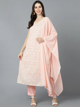 Women Peach Poly Georgette Embroidered Kurta Trouser With Dupatta