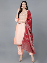Women Peach Poly Silk Embroidered Kurta Trousers With Dupatta