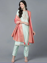 Women Green Poly Silk Embroidered Kurta Trousers With Dupatta