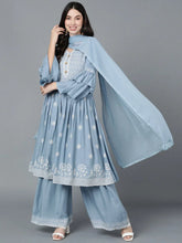 Women Blue Poly Silk Embroidered Anarkali Kurta Sharara Set With Dupatta