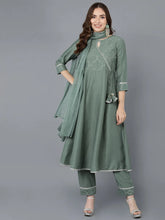 Women Teal Poly Silk Embroidered Kurta Trousers With Dupatta