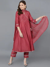 Women Red Poly Silk Embroidered Kurta Trousers With Dupatta