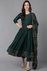 Women Green Poly Silk Ethnic Motifs Solid Kurta Trousers With Dupatta