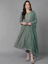 Women Teal Poly Silk Ethnic Motifs Solid Kurta Trousers With Dupatta