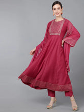 Women Rose Poly Silk Solid Yoke Design Kurta Trousers With Dupatta