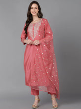 Women Pink Poly Silk Solid Yoke Design Kurta Trousers With Dupatta 1
