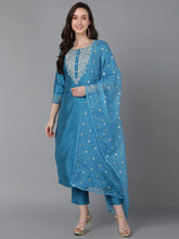 Women Blue Poly Silk Embroidered Straight Kurta Pant Set With Dupatta-PKSKD1588