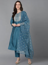 Women Blue Poly Silk Embroidered Straight Kurta Pant Set With Dupatta-PKSKD1590