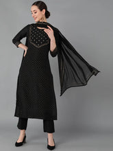 Women Black Silk Blend Yoke Design Kurta Trousers With Dupatta