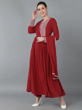 Women Red Poly Georgette Yoke Design Kurta Trousers With Dupatta