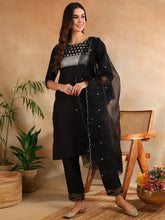 Women Black Poly Silk Yoke Design Kurta Trousers With Dupatta