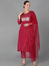 Women Red Poly Silk Yoke Design Kurta Trousers With Dupatta
