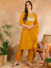 Women Mustard Poly Silk Yoke Design Kurta Trousers With Dupatta