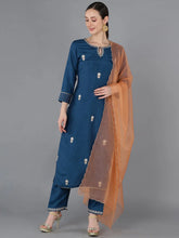 Women Teal Silk Blend Embroidered