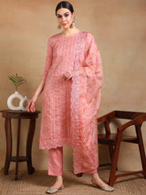Women Peach Organza Embroidered Straight Kurta Pant Set With Dupatta