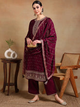 Women Burgundy Silk Blend Embroidered Straight Kurta Palazzo Set With Dupatta-PKSKD1816B