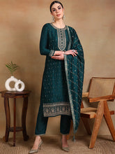 Women Green Silk Blend Embroidered Straight Kurta Palazzo Set With Dupatta
