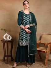 Women Green Silk Blend Embroidered Straight Kurta Sharara Set With Dupatta