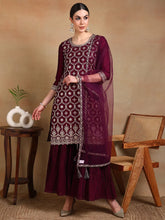 Women Burgundy Silk Blend Embroidered Straight Kurta Sharara Set With Dupatta