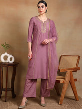 Women Mauve Silk Blend Embroidered Straight Kurta Palazzo Set With Dupatta