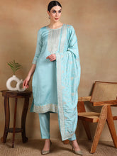 Women Blue Silk Blend Embroidered Straight Kurta Pant Set With Dupatta-PKSKD1888D
