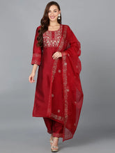 Women Silk Blend Yoke Design Kurta Trouser With Dupatta