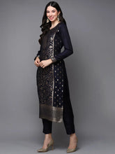 Women Navy Blue Poly Chanderi Woven Design Straight Kurta Pant Set With Dupatta