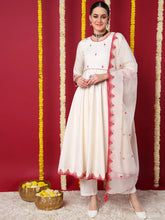 Women Off White Silk Blend Embroidered Anarkali Kurta Pant Set With Dupatta