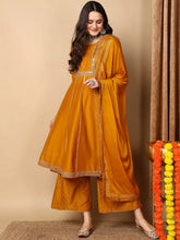 Women Mustard Silk Blend Embroidered Anarkali Kurta Palazzo Set With Dupatta