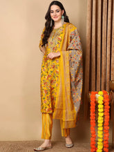 Women Yellow Silk Blend Printed Straight Kurta Pant Set With Dupatta