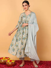 Women Grey Silk Blend Embroidered Anarkali Kurta Pant Set With Dupatta