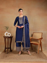 Women Blue Silk Blend Embroidered Straight Kurta Palazzo Set With Dupatta