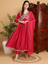 Women Pink Silk Blend Embroidered Anarkali Kurta Pant Set With Dupatta-PKSKD2101